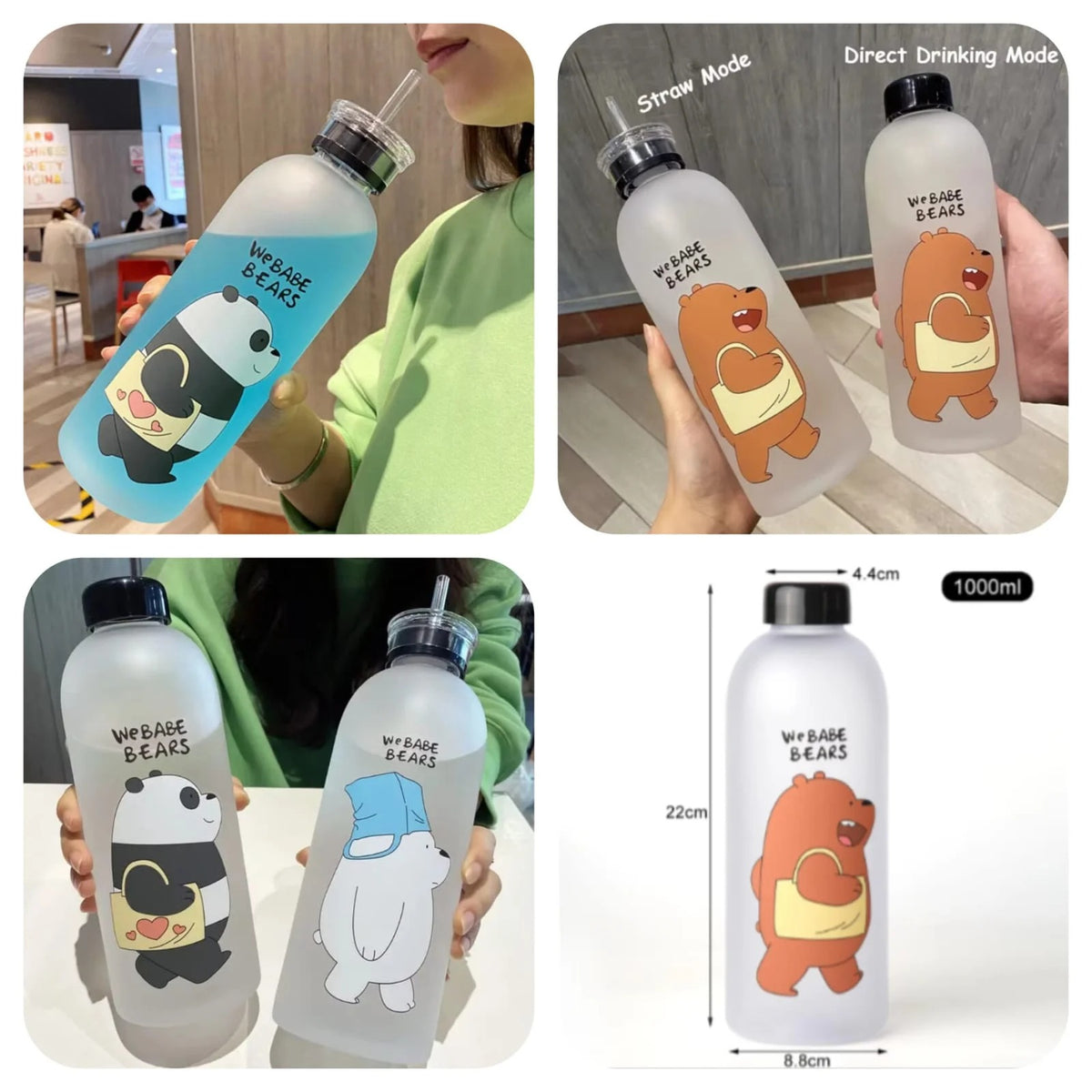 2-in-1 ‘We Babe Bears’ Frosted Plastic Water Bottle with Cap & Straw – 1000ml