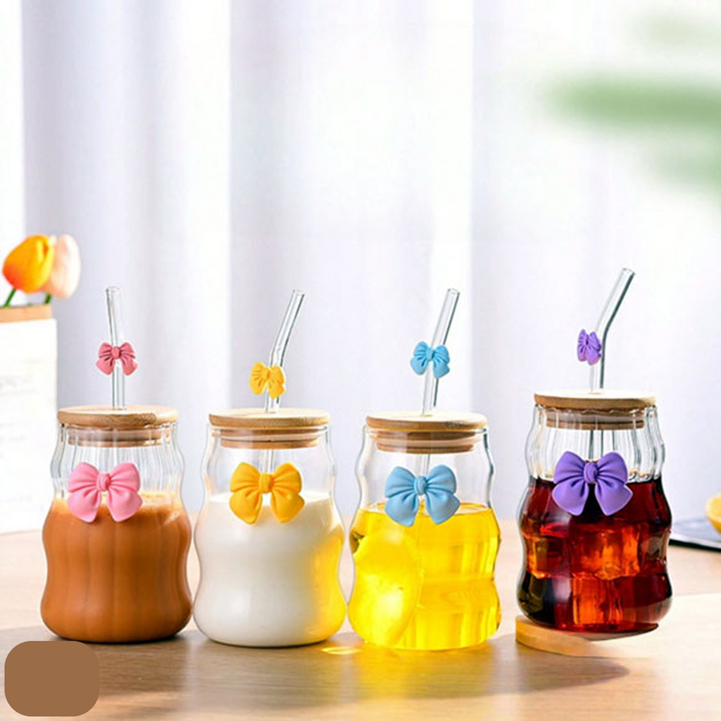 Bow Sipper with Glass Straw with Bamboo Lid Tumbler for Iced Coffee Smoothies Juice & Milk