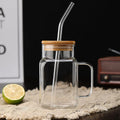 Square Glass Tumbler With Bamboo Lid & Handle And Straw