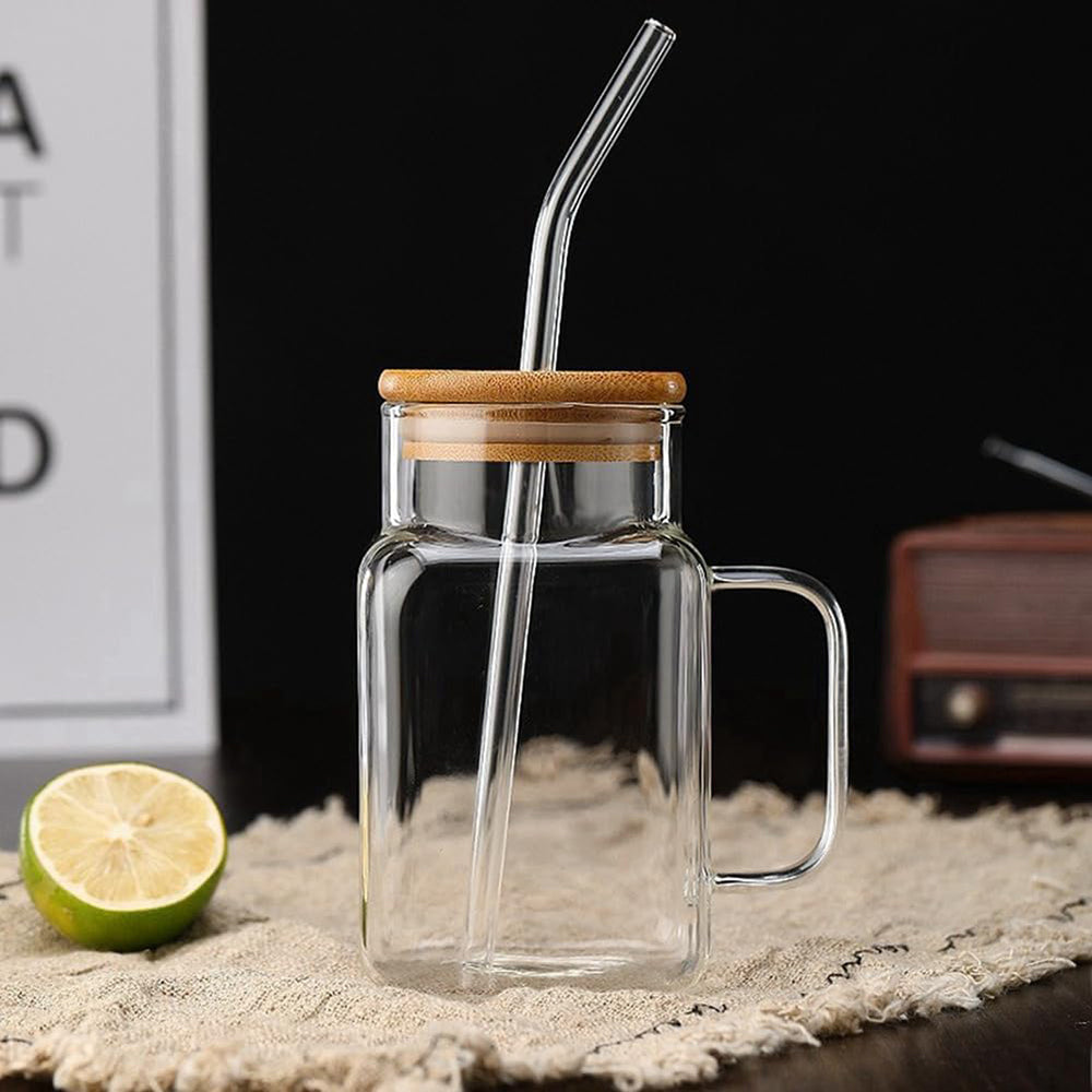 Square Glass Tumbler With Bamboo Lid & Handle And Straw