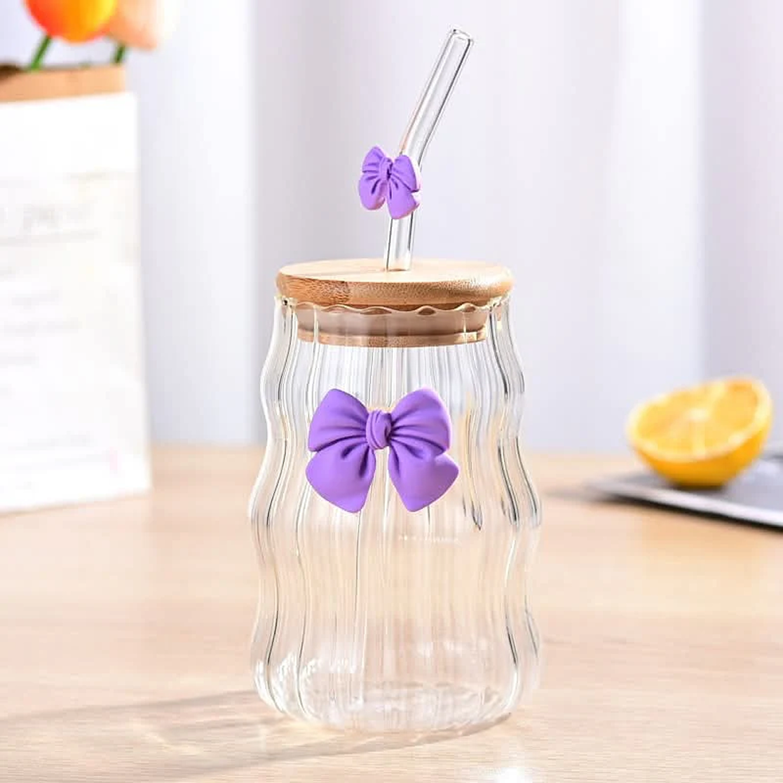 Bow Sipper with Glass Straw with Bamboo Lid Tumbler for Iced Coffee Smoothies Juice & Milk