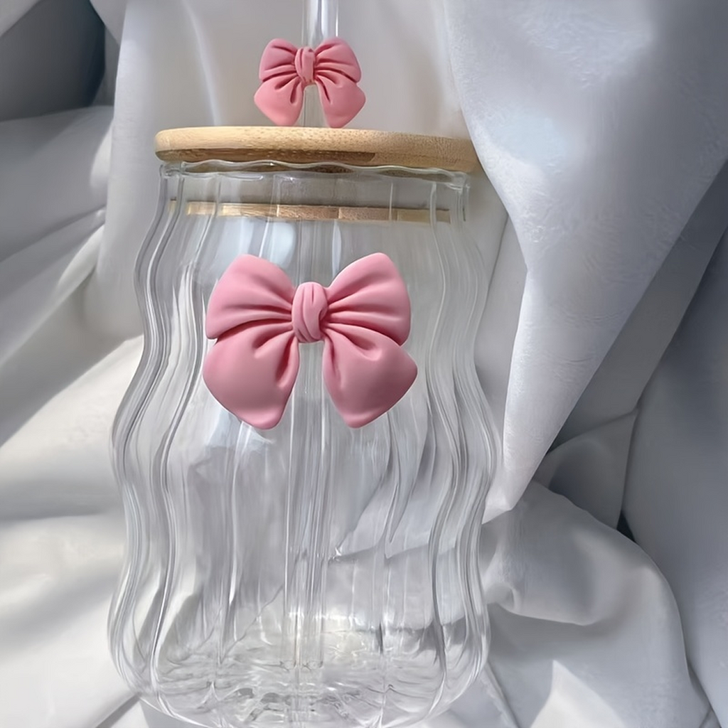 Bow Sipper with Glass Straw with Bamboo Lid Tumbler for Iced Coffee Smoothies Juice & Milk