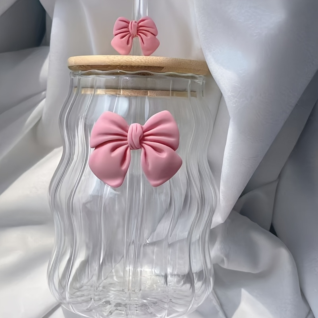 Bow Sipper with Glass Straw with Bamboo Lid Tumbler for Iced Coffee Smoothies Juice & Milk