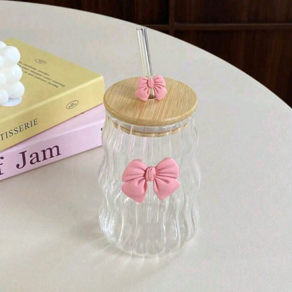 Bow Sipper with Glass Straw with Bamboo Lid Tumbler for Iced Coffee Smoothies Juice & Milk