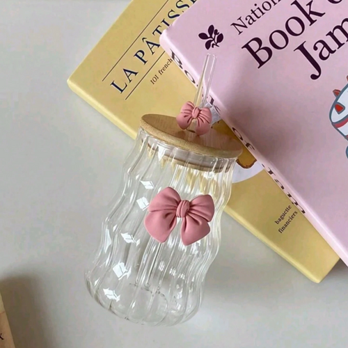 Bow Sipper with Glass Straw with Bamboo Lid Tumbler for Iced Coffee Smoothies Juice & Milk