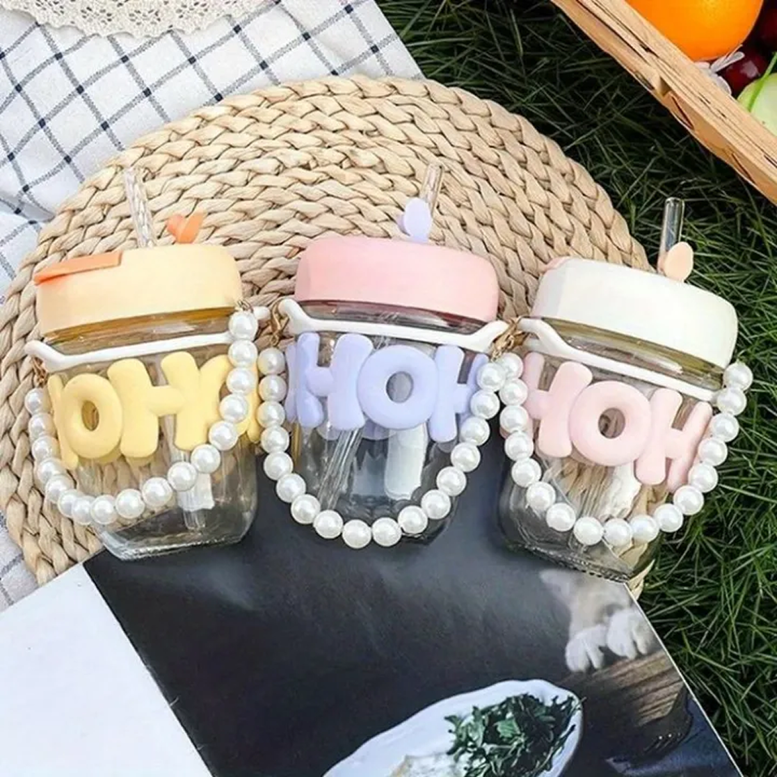 350ml Cute Glass Sipper with Lid, Straw & Pearl Chain | Transparent Glass Heat Resistant Water Bottle With Pearl Bracelet | Kids & Girls Water/Juice Cup