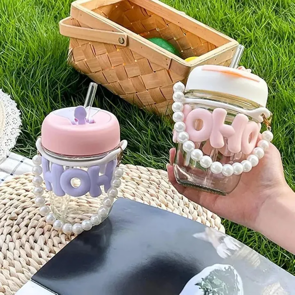 350ml Cute Glass Sipper with Lid, Straw & Pearl Chain | Transparent Glass Heat Resistant Water Bottle With Pearl Bracelet | Kids & Girls Water/Juice Cup