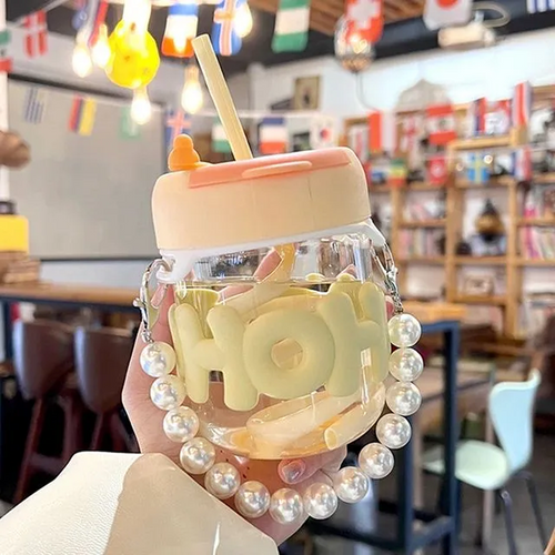350ml Cute Glass Sipper with Lid, Straw & Pearl Chain | Transparent Glass Heat Resistant Water Bottle With Pearl Bracelet | Kids & Girls Water/Juice Cup