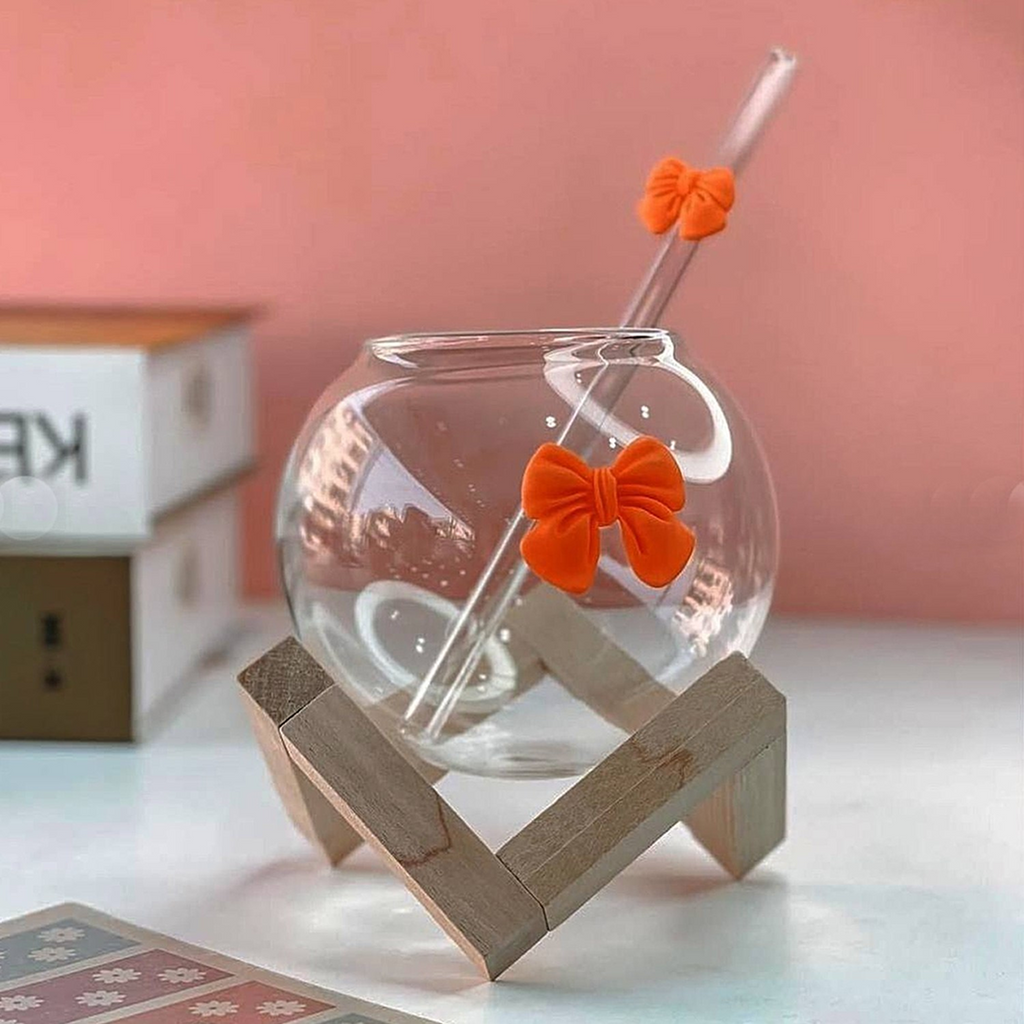 GLASSLUX BOW MUG WITH STRAW MUG ALONG BAMBOO BASE STAND